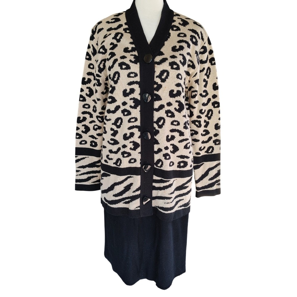 Vintage Ami Knits Women's Cardigan Skirt Set Size 8 Animal Print Knit Sweater